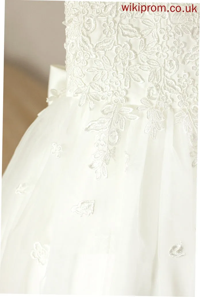 - Satin/Tulle Flower Neck Flower Girl Dresses Persis Tea-length A-Line Scoop With Dress Girl Bow(s) Sleeveless