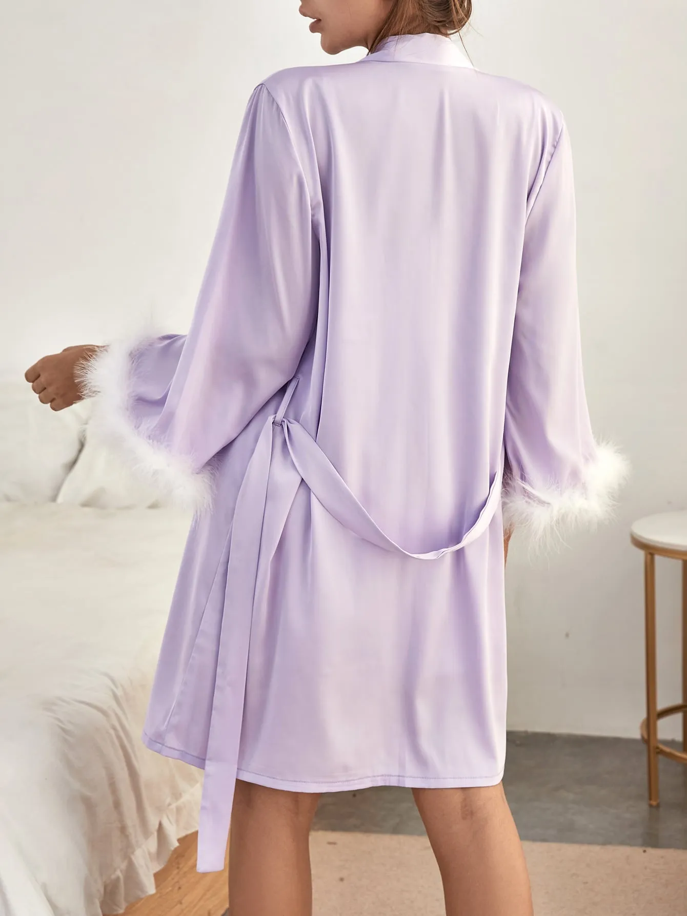 Belted Satin Robe & Fuzzy Trim Cami Dress PJ Set / Pajama Set