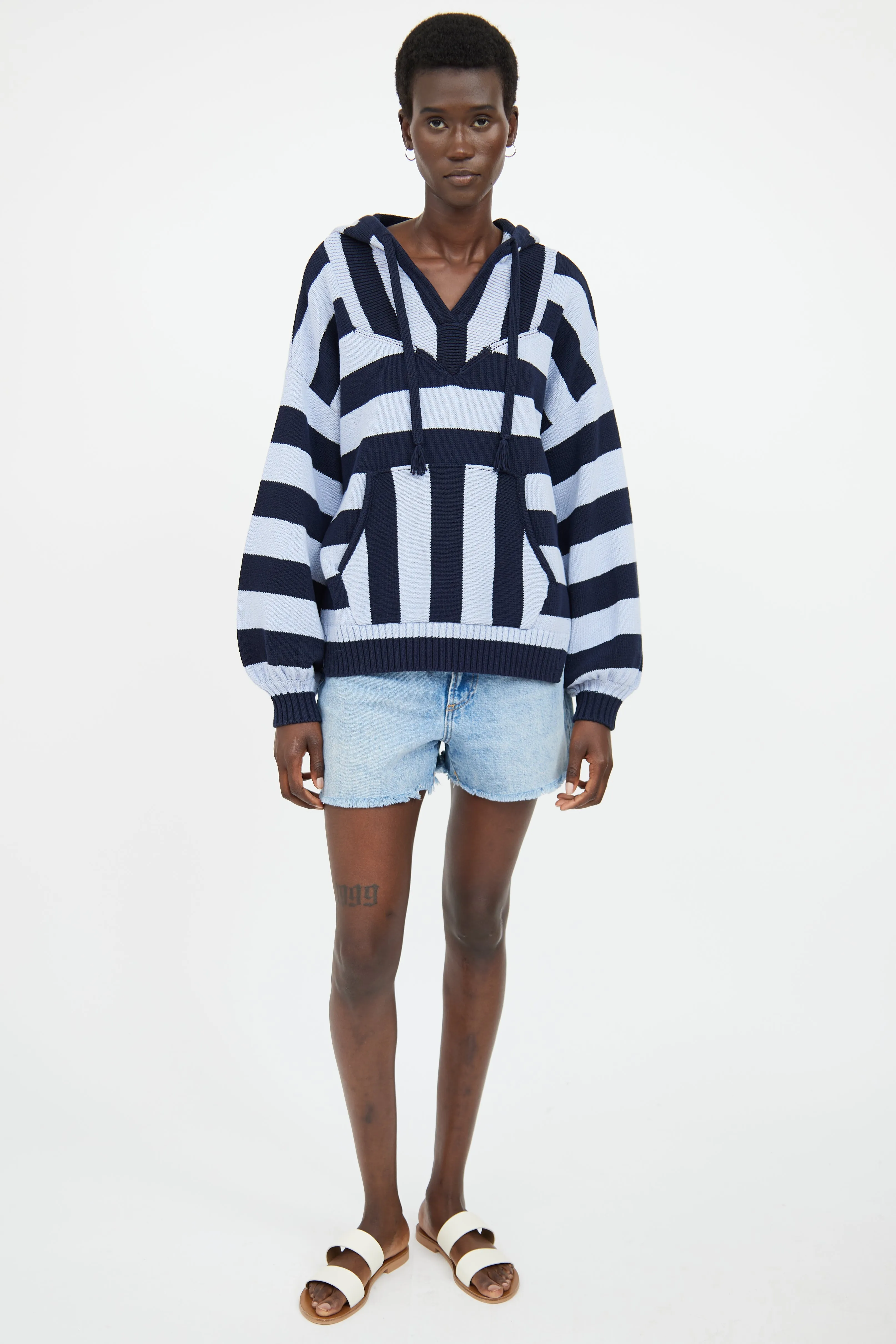 Blue Stripe Knit Hooded Top