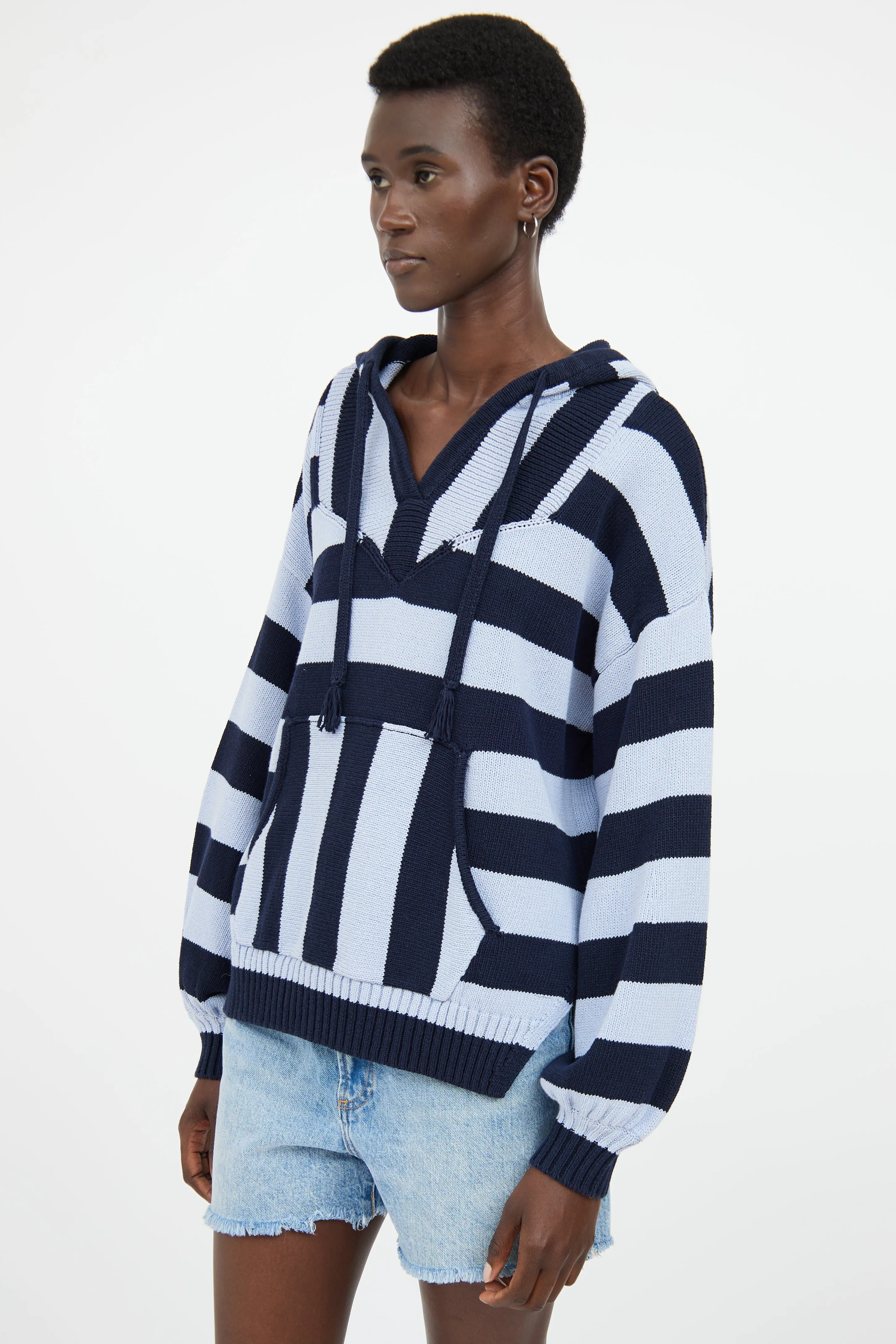 Blue Stripe Knit Hooded Top