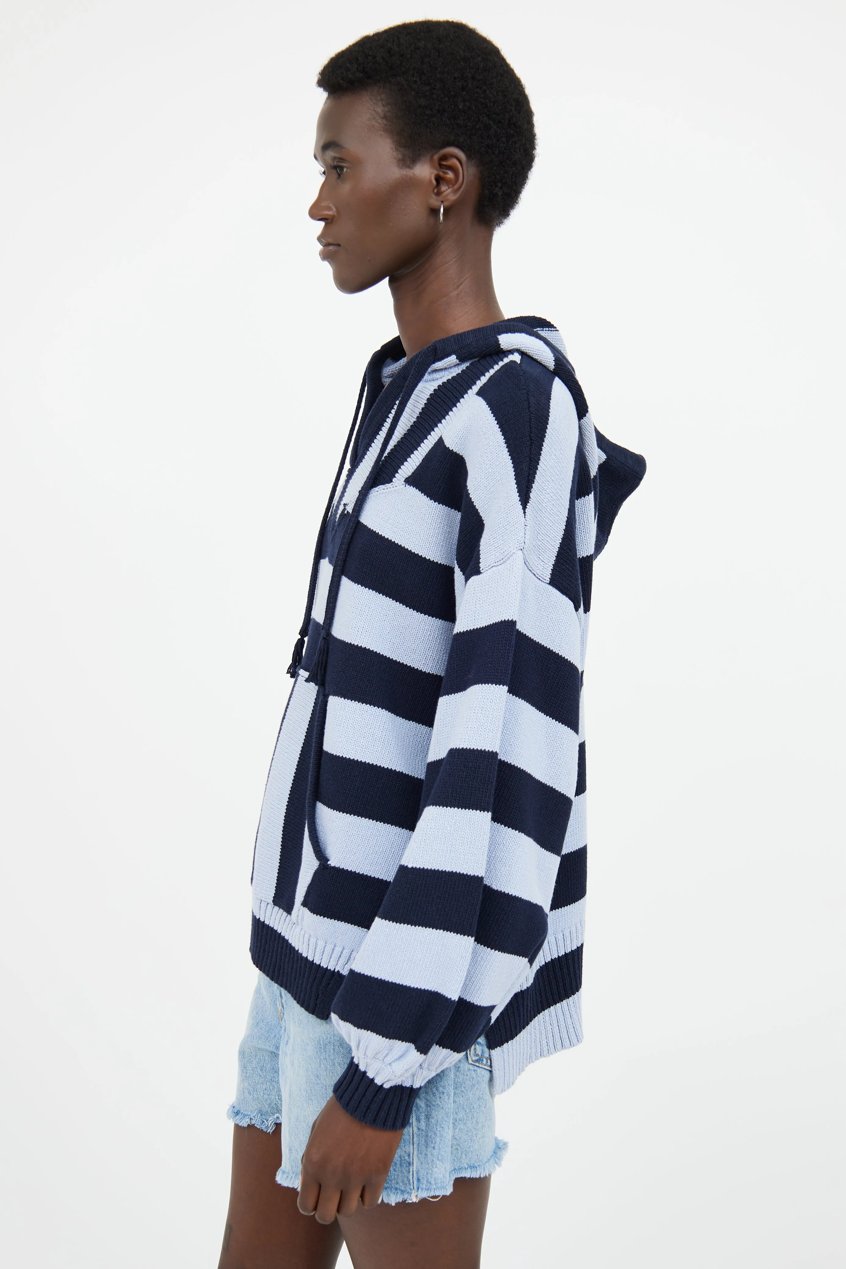 Blue Stripe Knit Hooded Top