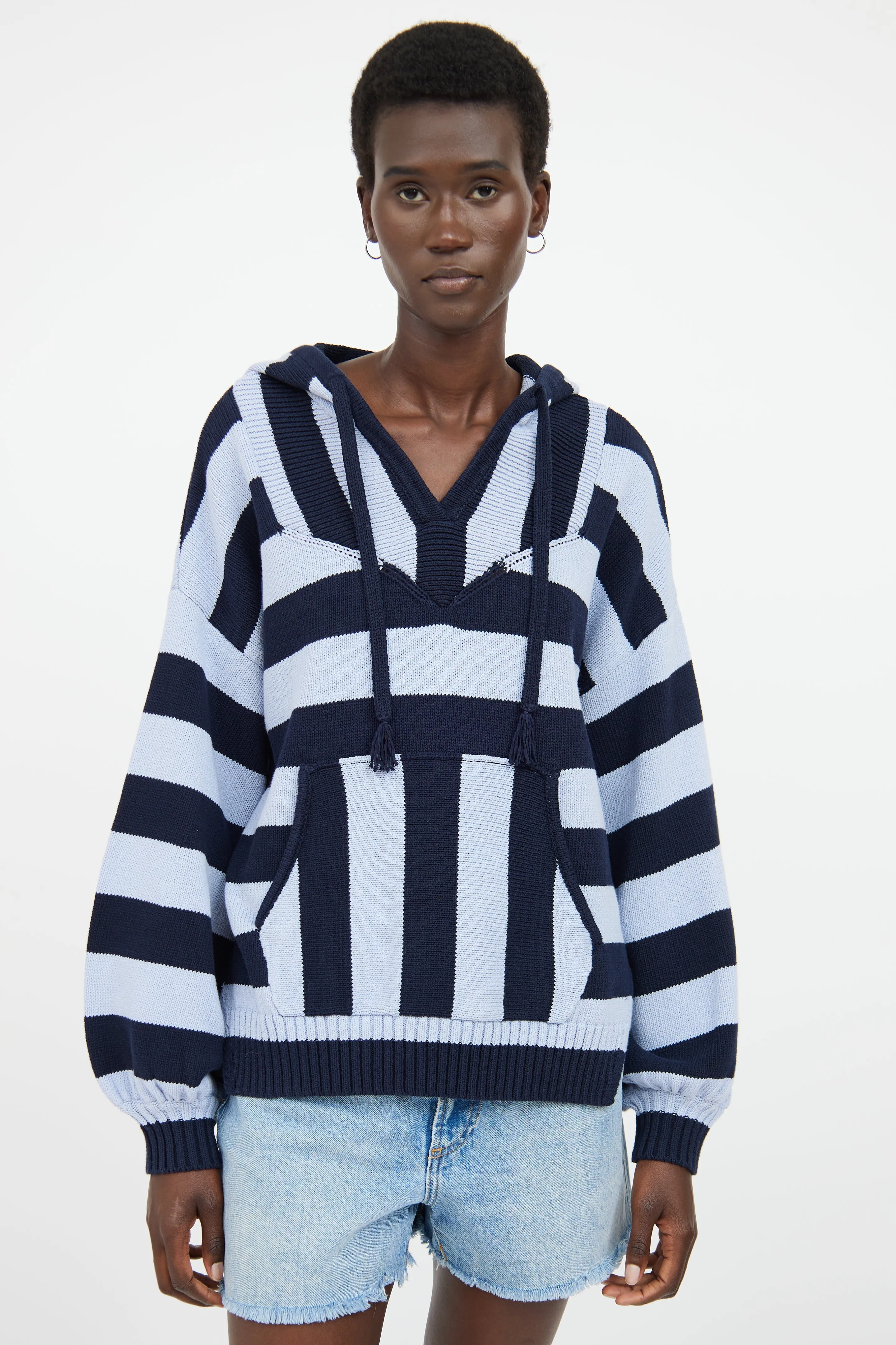 Blue Stripe Knit Hooded Top