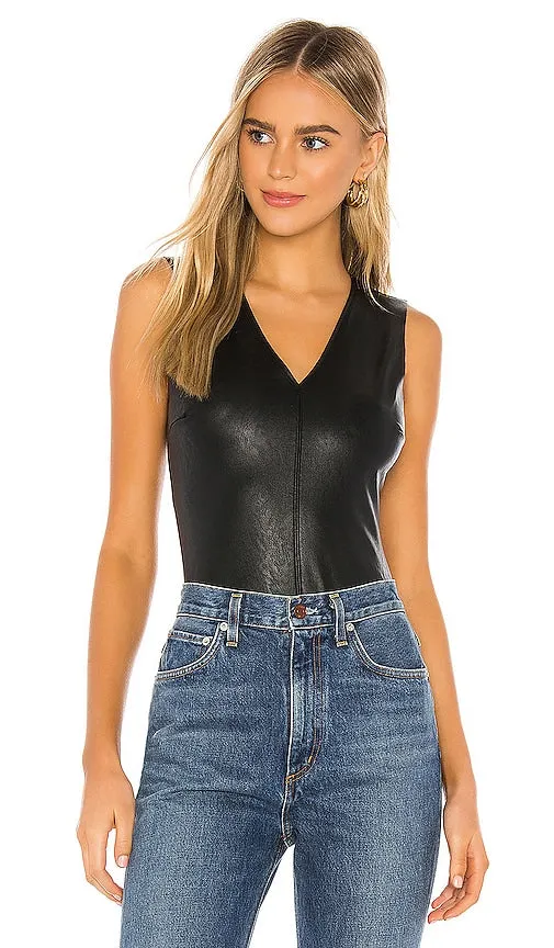 Commando Faux Leather V Neck Bodysuit in Black