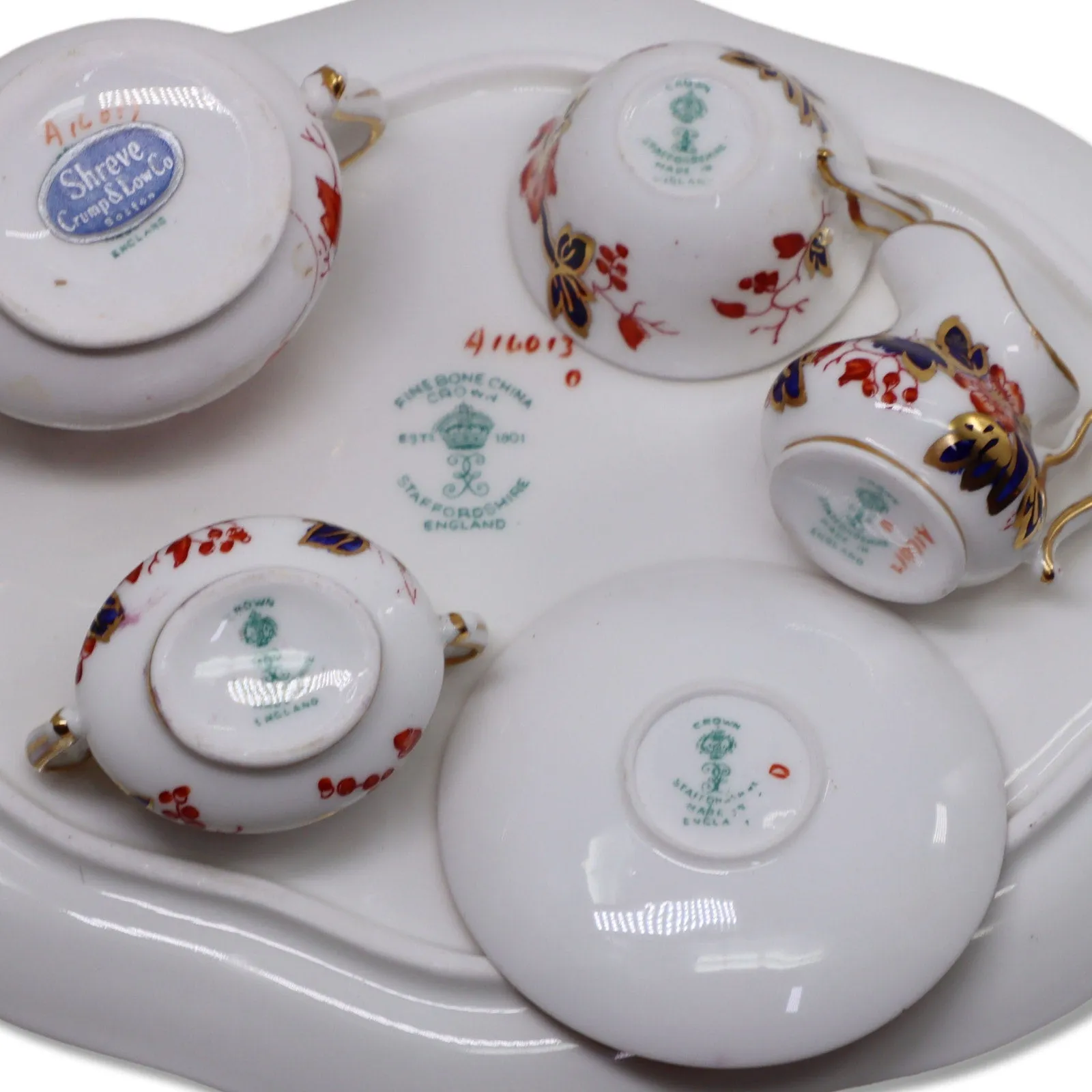 Crown Staffordshire 10pc  Mini Doll Imari Coral Bone China Tea Set 1900's