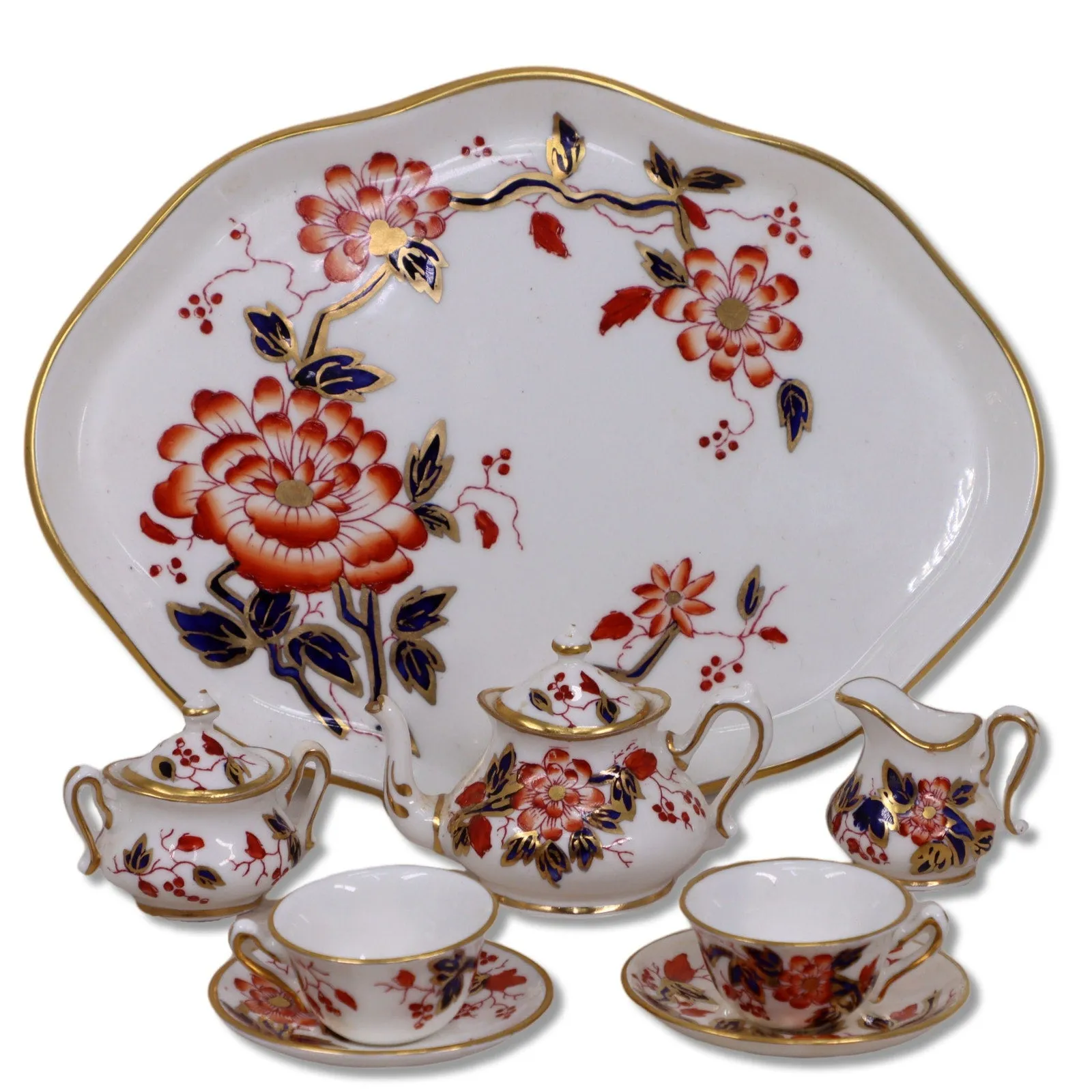 Crown Staffordshire 10pc  Mini Doll Imari Coral Bone China Tea Set 1900's