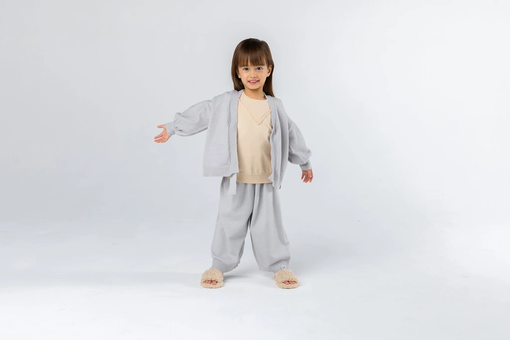 Kids Full Sleeve Cardigan in Light Grey Brushed Knit