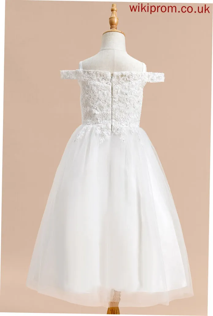 Off-the-Shoulder - With A-Line Flower Sleeveless Tea-length Tulle Sal Dress Girl Lace Flower Girl Dresses