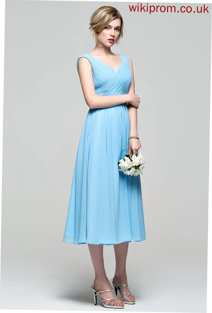 Sage Cocktail Chiffon V-neck Charmeuse A-Line Cocktail Dresses Ruffle Tea-Length Dress With