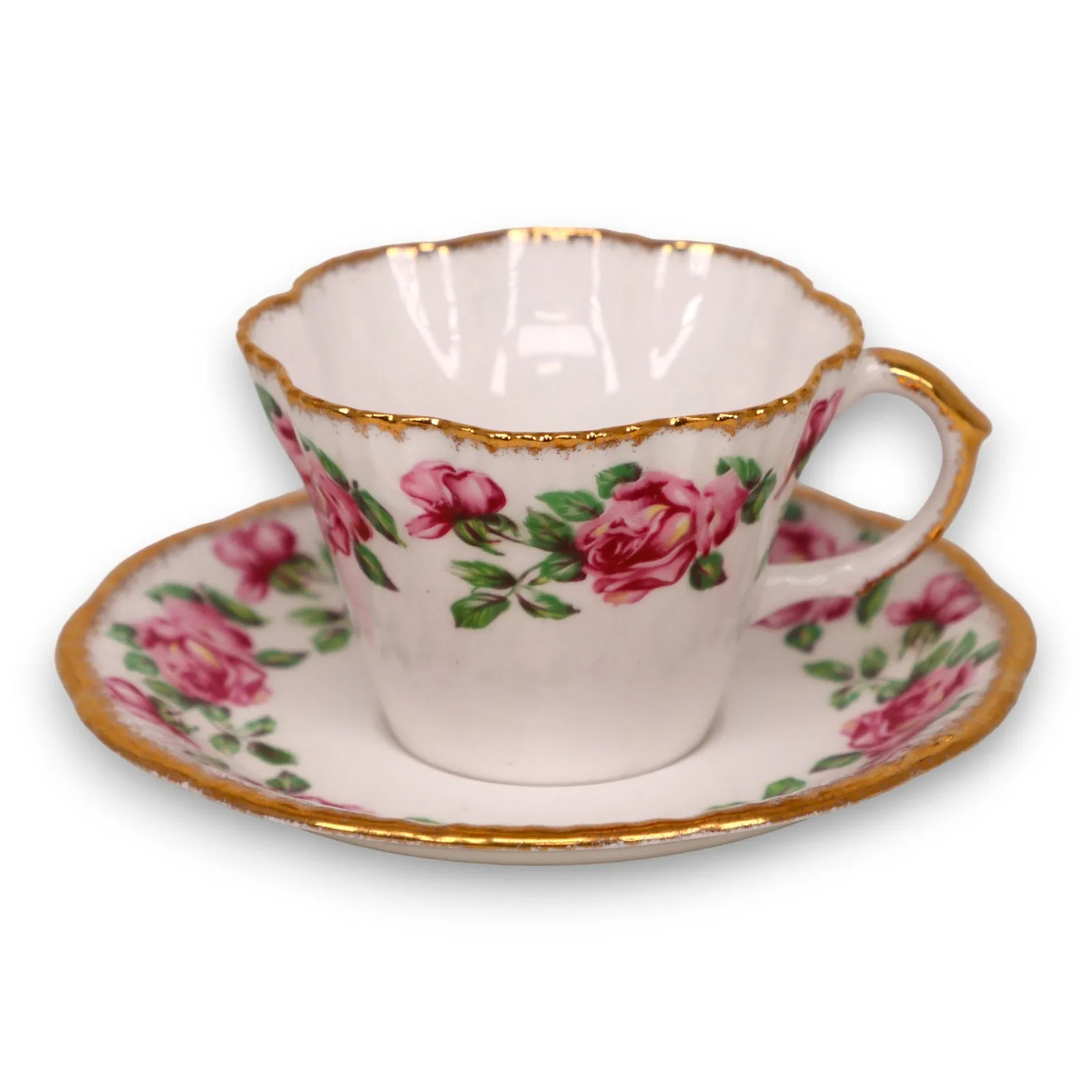 Salisbury Victoria Rose Tea Cup Saucer Set Gold Trim England Vintage