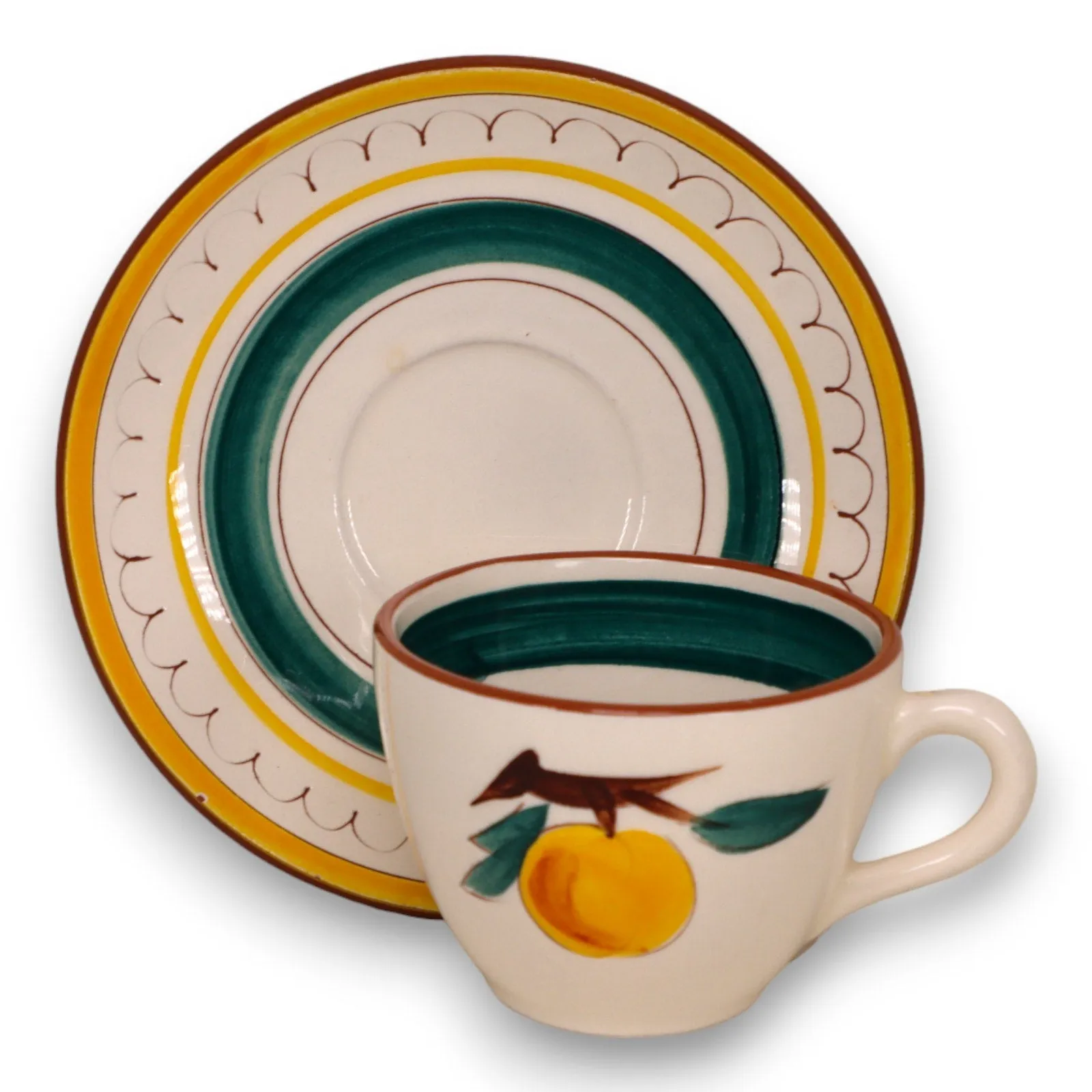 Stangl Pottery Fruit Lemon Brown Trim Flat Tea Cup Saucer USA Vintage 1942-78