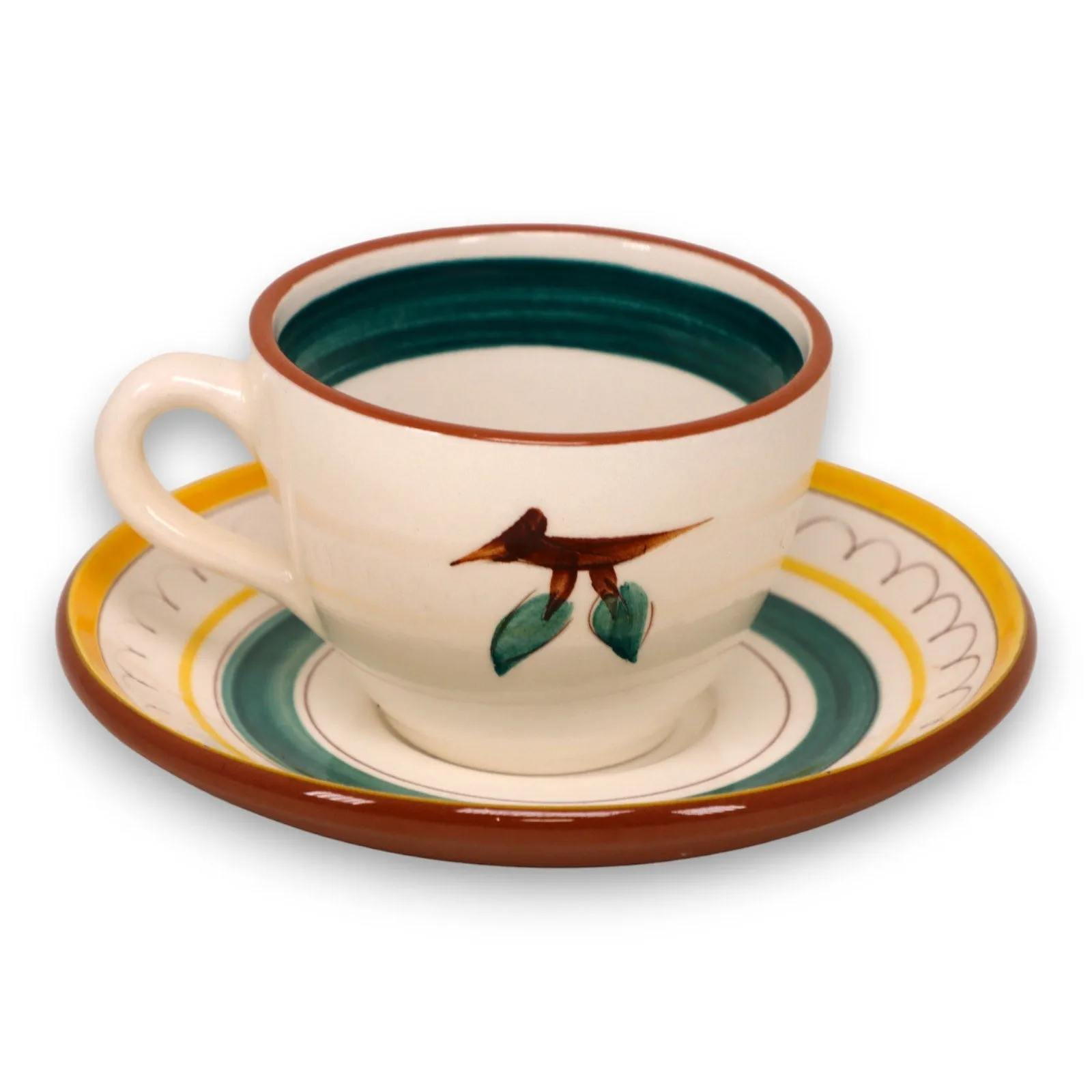 Stangl Pottery Fruit Lemon Brown Trim Flat Tea Cup Saucer USA Vintage 1942-78