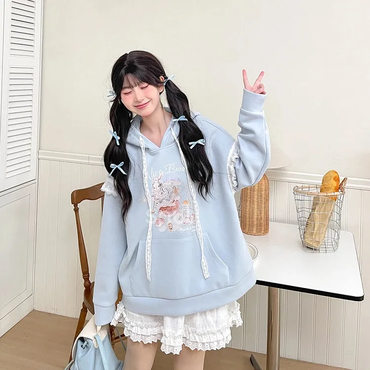 Sweet Girl Style Cartoon Rabbit Print Hooded Sweatshirt