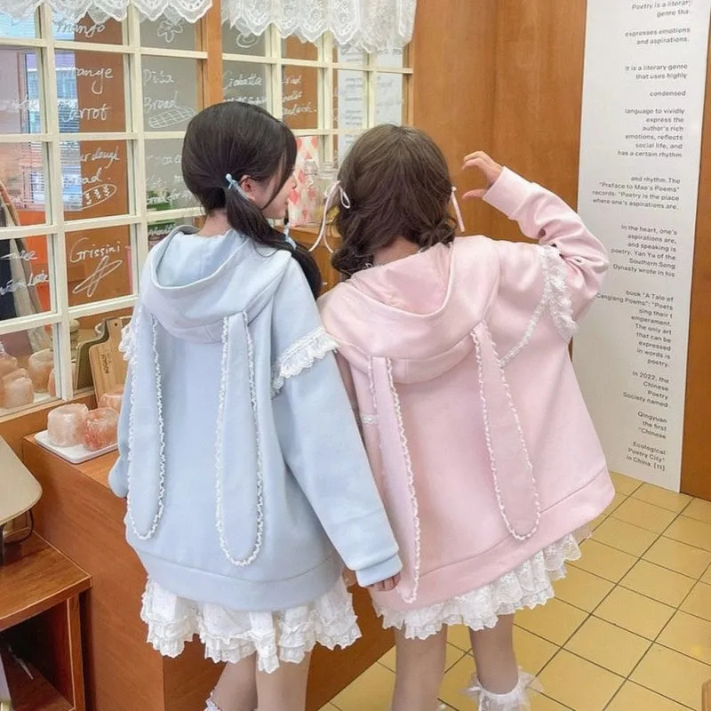Sweet Girl Style Cartoon Rabbit Print Hooded Sweatshirt