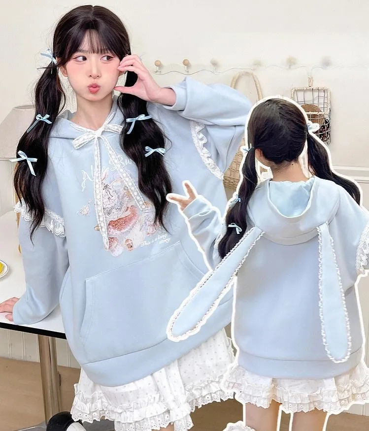 Sweet Girl Style Cartoon Rabbit Print Hooded Sweatshirt