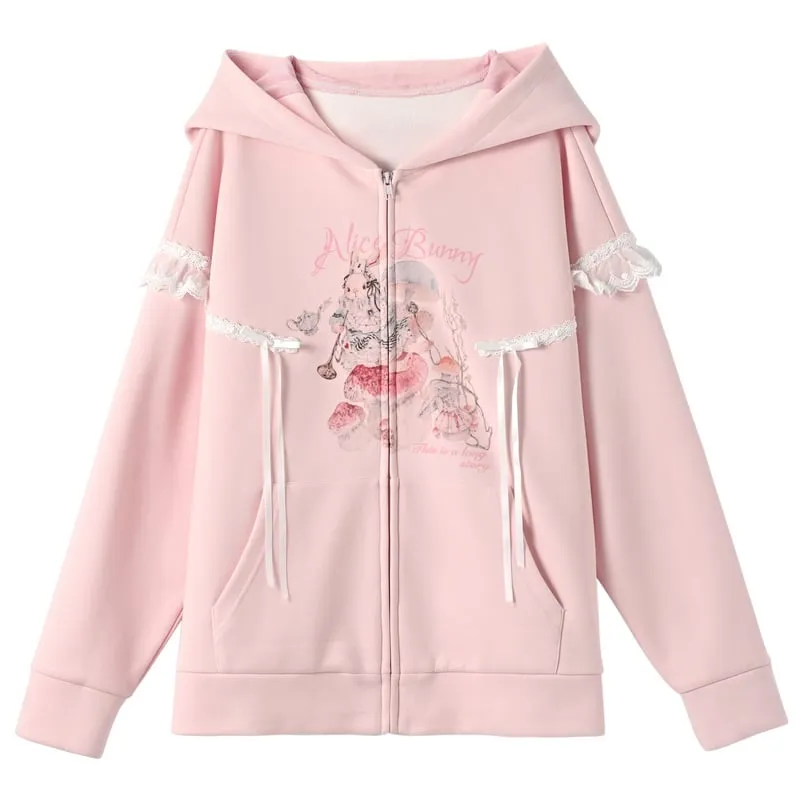 Sweet Girl Style Cartoon Rabbit Print Hooded Sweatshirt