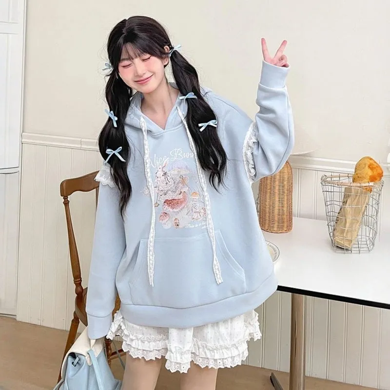 Sweet Girl Style Cartoon Rabbit Print Hooded Sweatshirt