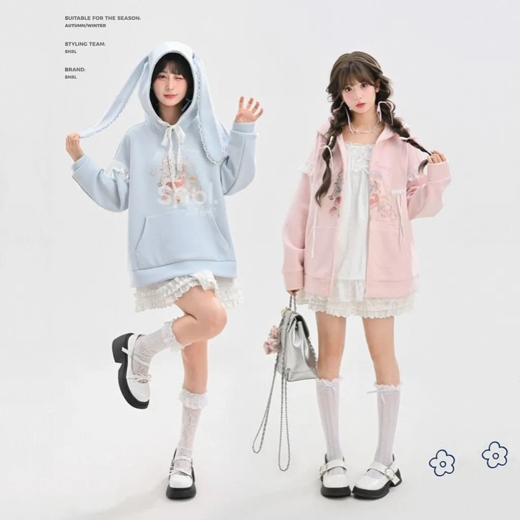Sweet Girl Style Cartoon Rabbit Print Hooded Sweatshirt