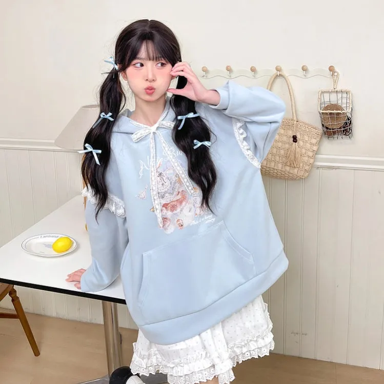 Sweet Girl Style Cartoon Rabbit Print Hooded Sweatshirt