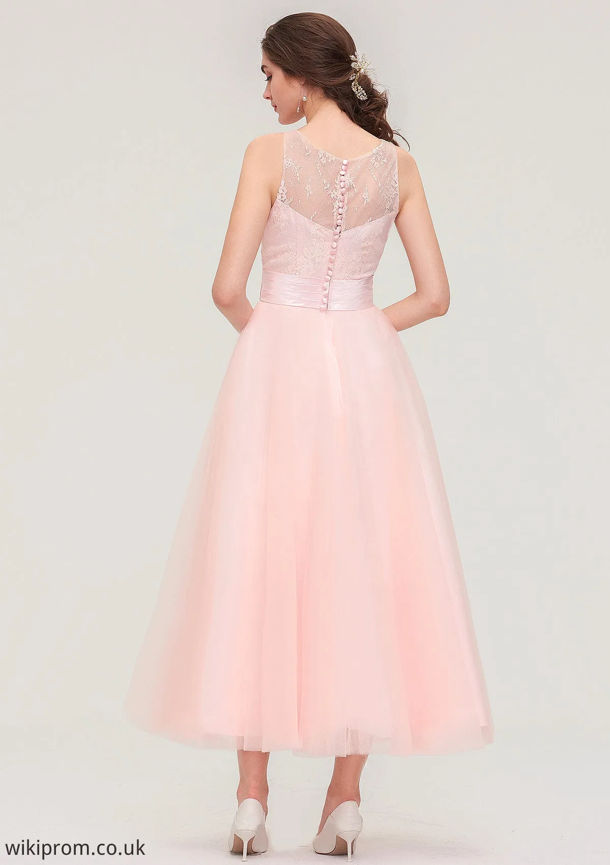 Tea-Length Sleeveless Bateau Tulle A-line/Princess Bridesmaid Dresses With Waistband Lace Angeline SWKP0025429
