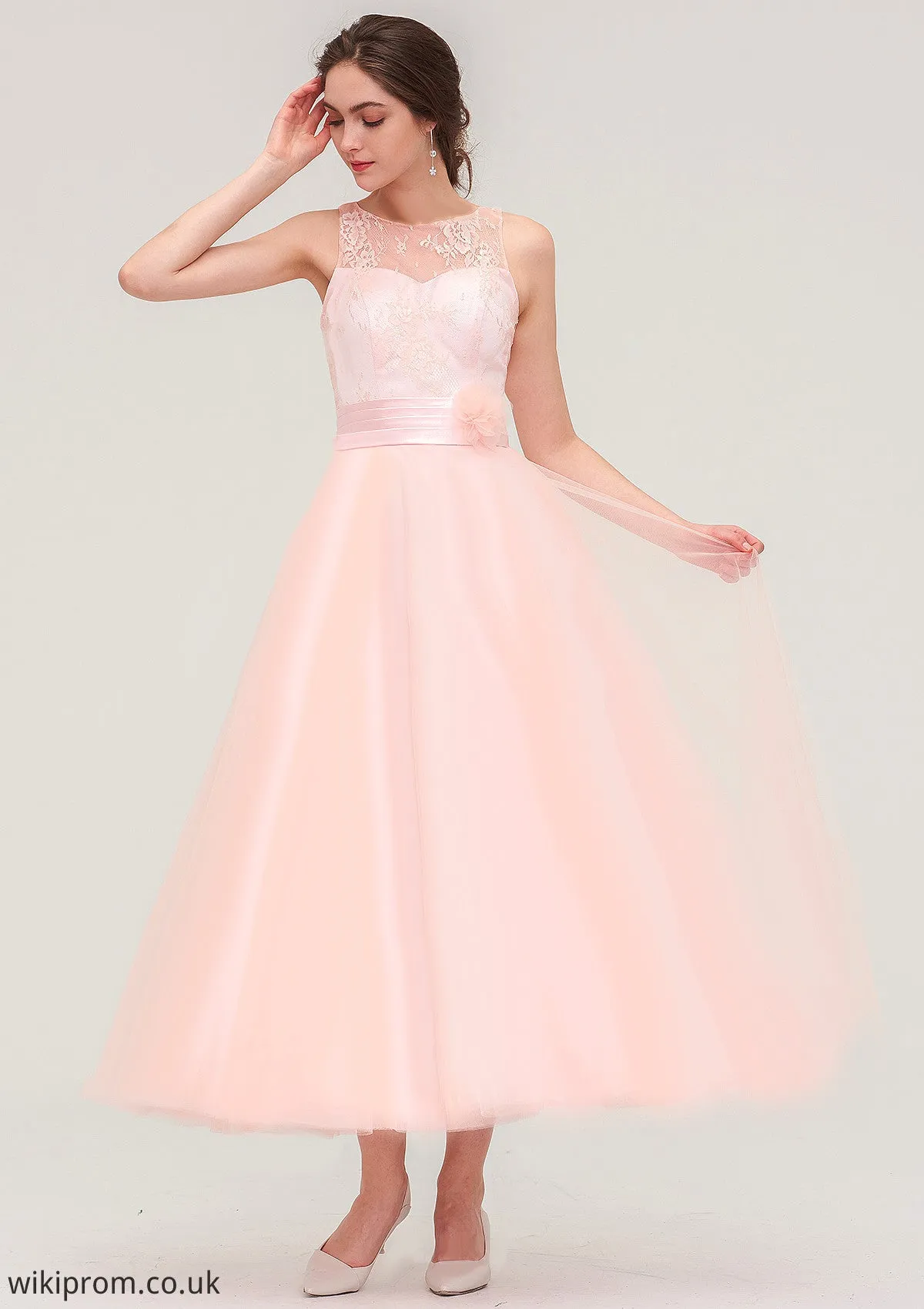 Tea-Length Sleeveless Bateau Tulle A-line/Princess Bridesmaid Dresses With Waistband Lace Angeline SWKP0025429