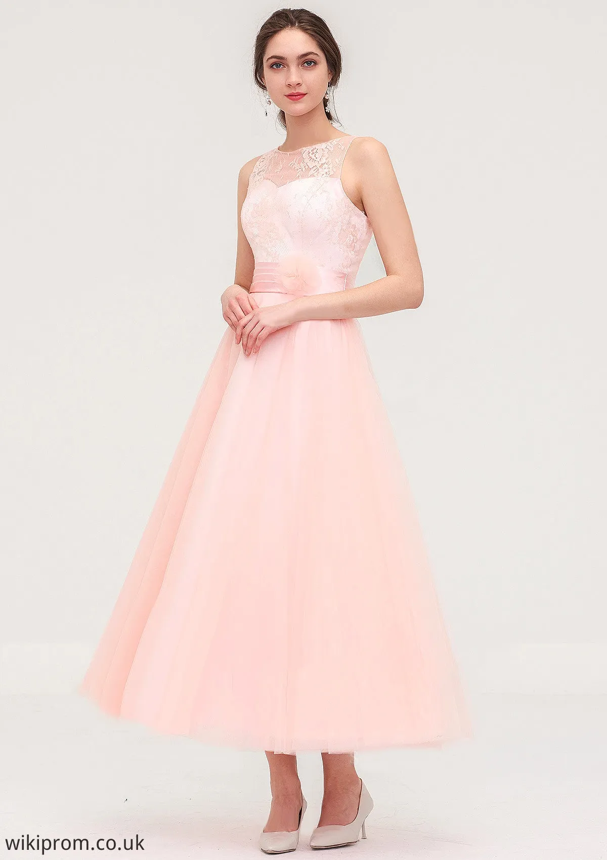 Tea-Length Sleeveless Bateau Tulle A-line/Princess Bridesmaid Dresses With Waistband Lace Angeline SWKP0025429