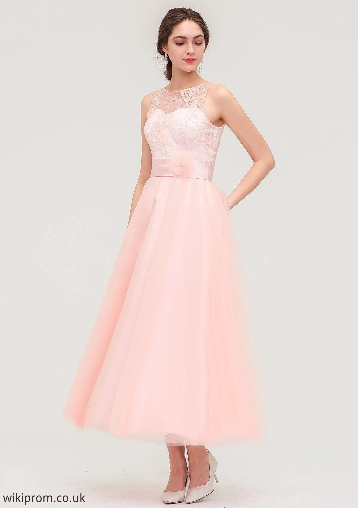 Tea-Length Sleeveless Bateau Tulle A-line/Princess Bridesmaid Dresses With Waistband Lace Angeline SWKP0025429