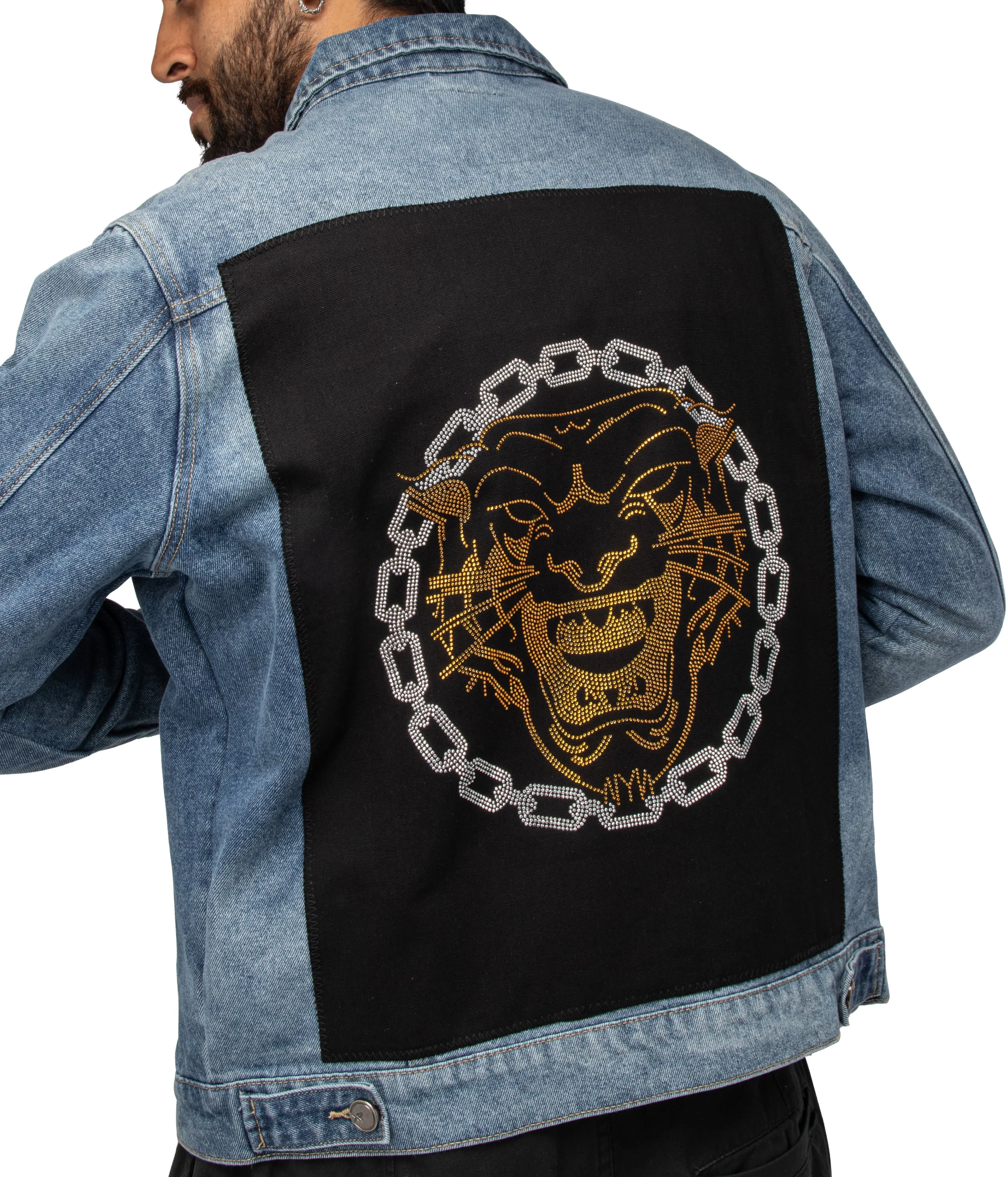 X RAY Men's Limited Edition Denim Jacket With Graphic on the back of Tiger W/Silver Chain